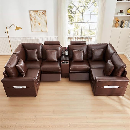 LEVNARY 6-Seat U Shaped Modular Sectional Sofa with Power Recliners, Upholstered Faux Leather Couch Storage Console with Charging Ports & Cup Holders, Living Room Couch Set for Home Office (Brown)