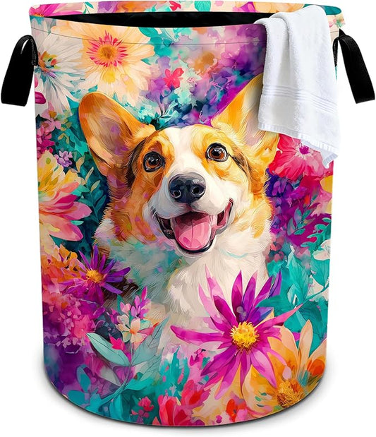 Dog Flower Laundry Basket Storage Bin Foldable Laundry Hamper Clothes Storage Bucket Organizer 19.6x15.7 Inch For Laundry Room/Bedroom/Bathroom