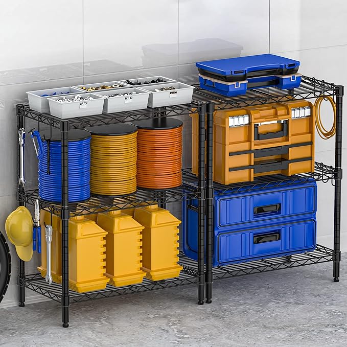 Storage Shelves Garage Wire Shelving 3 Tier Metal Wire Steel Rack Shelving Units Organizer Adjustable Utility Shelf Commercial Shelf for Kitchen Garage Pantry Laundry
