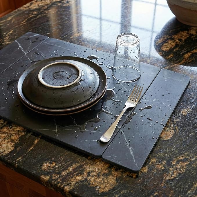 Selegna Collapsible Stone Drying Mat for Kitchen Counter – Tri-Panel Dish Drying Mat Made from Diatomaceous Earth | Quick Dry Diatomite Mat for Sink, Countertop & Dishes (Charcoal)