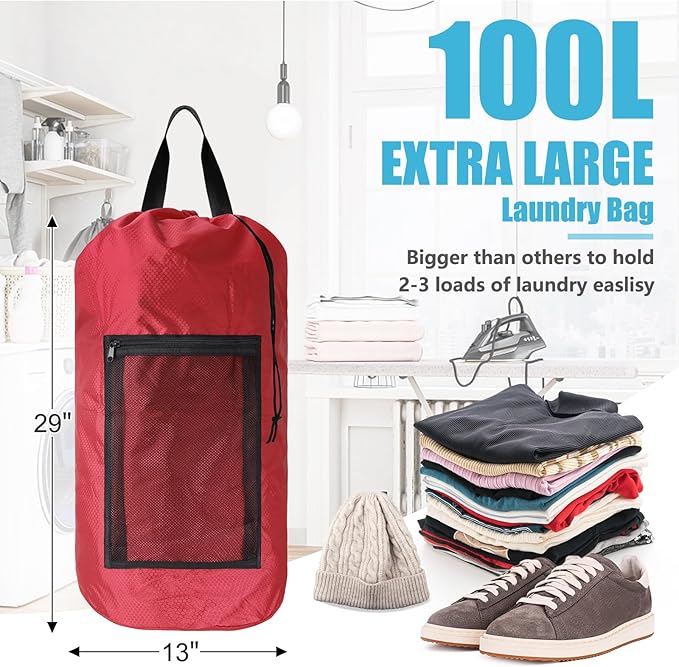 Olosar Laundry Bag Backpack, Extra Large Travel Laundry Bag with Mesh Pocket & Adjustable Shoulder Straps,Dirty Clothes Travel Bag for College Students Dorm,Apartment（Red）