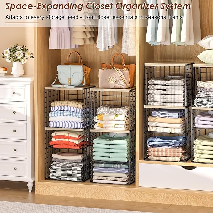 2 Pack Closet Organizer System, Extra Tall & Large Capacity Closet Shelves with Adjustable Dividers, 3-Tier Stackable Storage Bins with Wood Top (Up to 6 Tiers), for Clothes Wardrobe Organization
