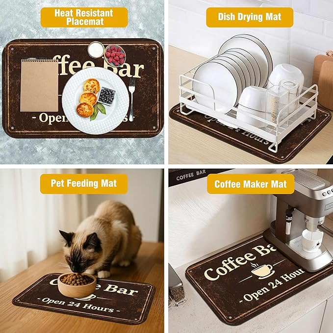 Vintage Coffee Bar Coffee Drying Mat 12" x 19", Absorbent Quick-Dry Mat, Non-Slip Waterproof Countertop Protector for Coffee Station and Espresso Machine