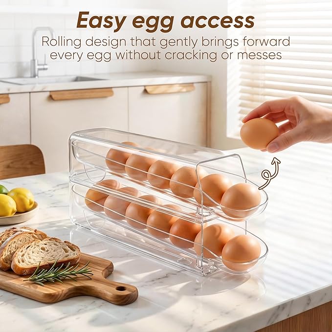 theaoo Auto Rolling Egg Dispenser for Refrigerator with Quick Removable Inner Tray, Space-Saving Egg Organizer and Holder, Egg Storage Container for Fridge, Easy to Load and Grab Eggs (2 Pack)