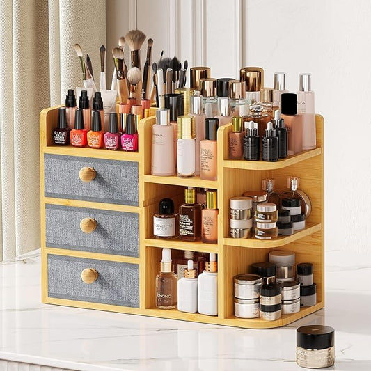 Large Makeup Organizer For Vanity, Large Capacity 3 Tiers Bamboo Bathroom Counter Organizers and Storage, Countertop Makeup Brush Holder, Nail Polish Perfume Stand with 3 Drawers and 10 Compartments