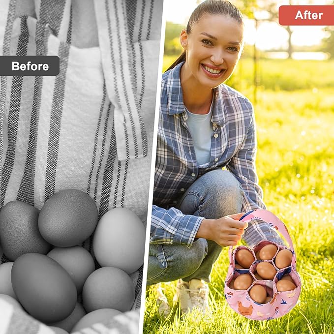 Egg Collecting Basket, Canvas Egg Basket for Gathering with 7 Pouches for Chicken, Duck, Goose, Bird, Various Poultry Collection (Cartoon Chicken Style 1)