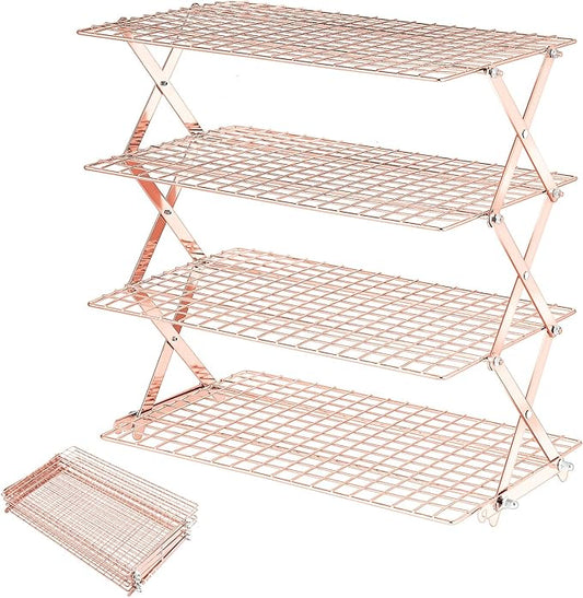 Pleafind 4 Tier Rose Gold Collapsible Cooling Rack - 3 Setting Design, Adjustable ＆ Stackable Baking Rack, 5 Modes Cooling Racks for Cooking and Baking, Roasting ＆ Grilling Gifts for Picnic Party