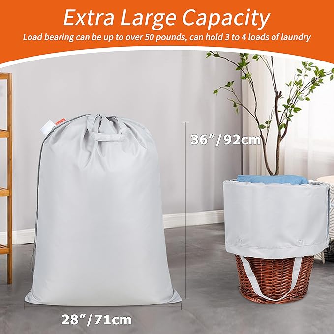 Polecasa 28 x 36 inches Extra Heavy Duty Large Laundry Bag with Sturdy Handles and Drawstring Closure, Storage Bag for Basket, College, Dorm, Travel, Silver