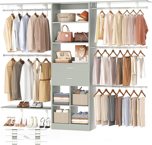 Besiost Closet System - 8FT Closet Organizer System with Wooden Drawers, 96" Closet Systems for Walk-In Closets with Cuttable Hanging Shelving, Green