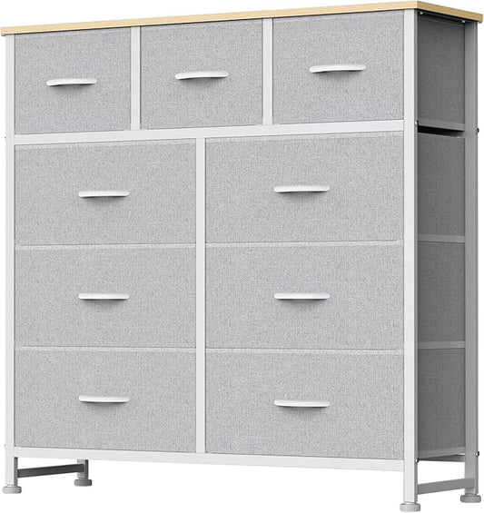 DUMOS 9 Drawer Dresser for Bedroom, Fabric Storage Organizer with Sturdy Metal Frame, Wooden Top Chest of Drawers for Closet Entryway Guest Room,Light Grey
