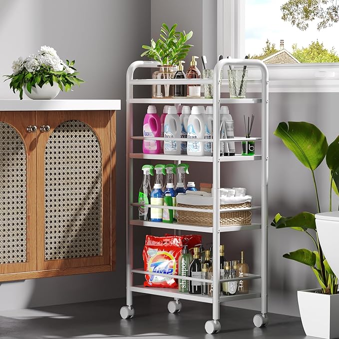 Asgolion Slim Storage Cart, 4-Tier Small Rolling Cart with Wheels, 9.1" Deep, Narrow Bathroom Shelf Trolley for Kitchen, Bathroom, Laundry Room, White Large 4-Tier (9.1" W x 33.6" H)