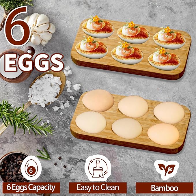 Deviled Egg Platter & Deviled Egg Tray.Mini Bamboo 6-Holes Rectangular Wooden Egg Holder-countertop Egg Holder-Small Easter Deviled Egg Carrier for Kitchen Countertops