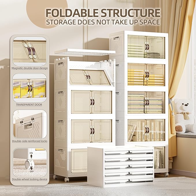 248 QT / 62 Gal Rolling Foldable Storage Cabinet with Stackable Feature - Double Magnetic Doors, Leather Handles, Durable Plastic for Closet/Office, Easy Assembly & Move