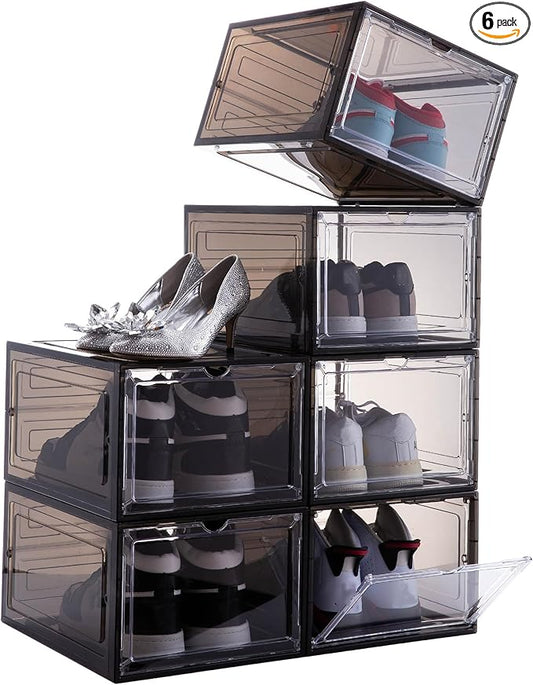 Attelite Shoe Box,Set of 6,Stackable Plastic Clear Shoe Box Organizer with Magnetic Door,Shoe Storage Box Thicken Sturdy,Easy Assembly,Fit up to US Size 12,Black