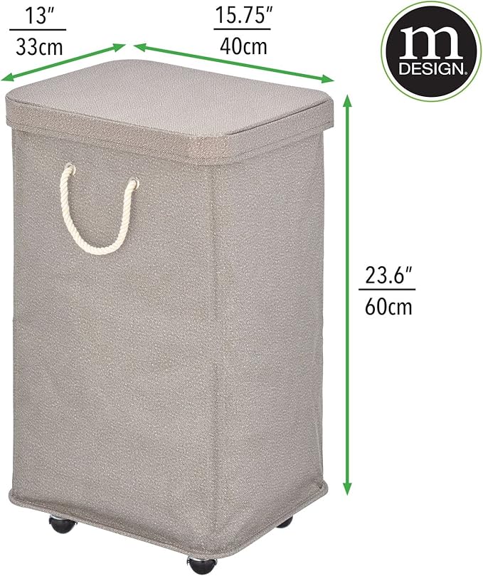mDesign Large Polyester Rolling Laundry Hamper with Wheels, Removable Lid, and Rope Carrying Handles - Collapsible Hampers with Wheels for Compact Storage - Tall Single Compartment Basket - Taupe