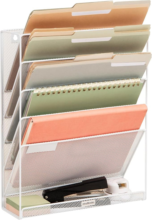 Mind Reader 5-Pocket Vertical File Storage, Desktop Organizer, Wall Mount, Office, Metal Mesh,White