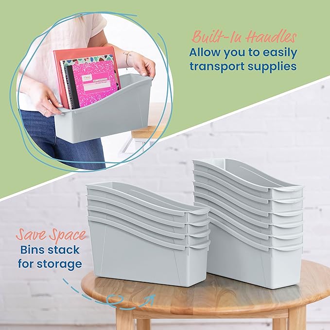 ECR4Kids Linking Plastic Storage Book Bin, Multipurpose Organization, Light Grey, 10-Piece