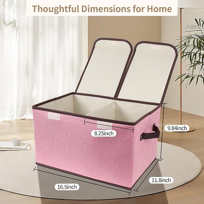 Foldable Fabric Storage Box, 16.5 x 11.8 x 9.8 inches (L x W x H), with Double-Lid & Dividers, Large Organizer for Home, Closet, Office(Pink)