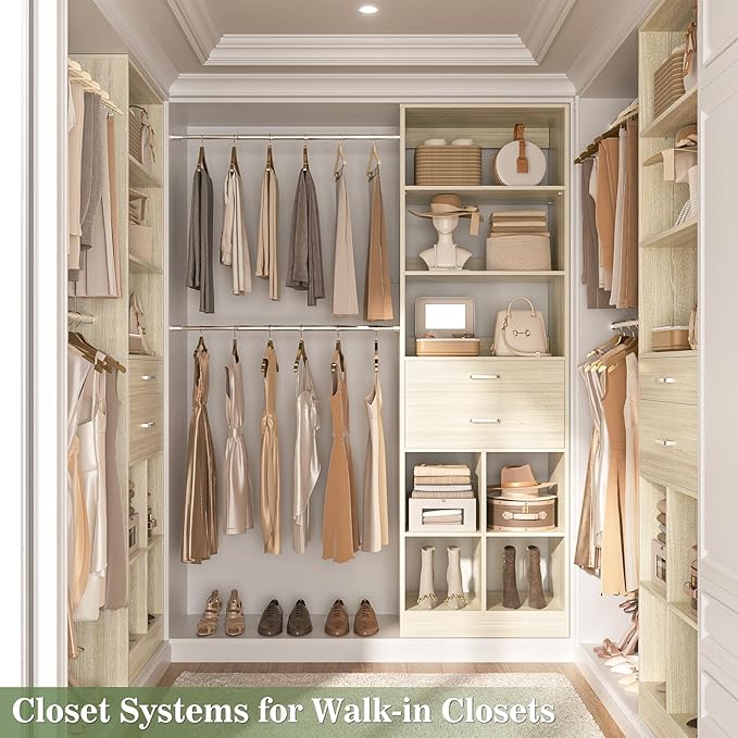 Besiost Closet System, 4-8 FT Closet Organizer Systems with 2 Wooden Drawers and 5 Hanging Rods, Can Fit 60 to 96 inch Walk-in Closet System, Greige Oak