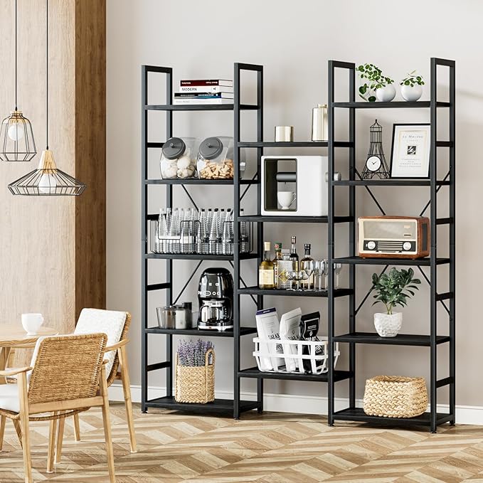 NUMENN Triple Column 5 Tier Bookshelf, Bookcase with 14 Open Display Shelves, Adjustable Rustic Industrial Style Book Shelves, Modern Bookshelves for Bedroom, Living Room and Home Office, Black