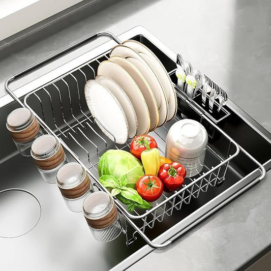 PureBox Expandable Over The Sink Dish Drying Rack - Adjustable Stainless Steel Dish Rack for Kitchen Counter or In-Sink, Heavy-Duty Rust-Proof Space Saving Drainer with Utensil Holder (15.5" to 23.2")