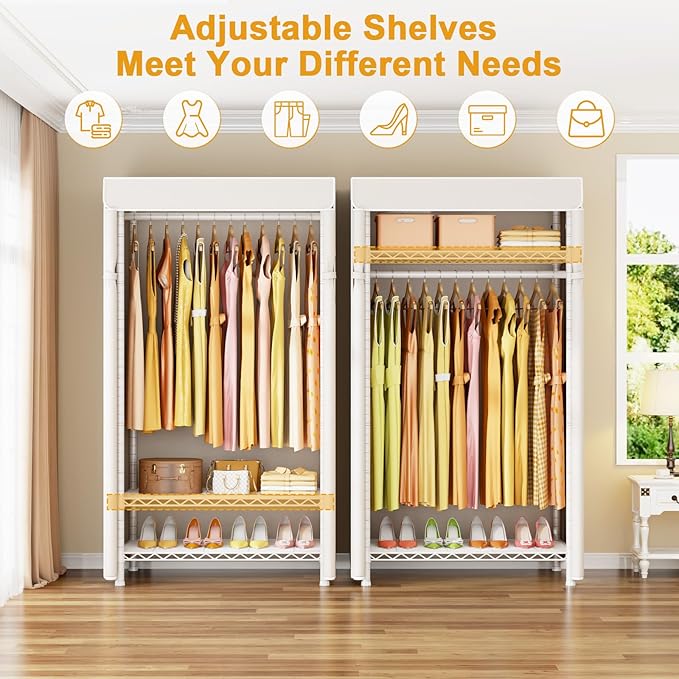 ULIFHOME H5C Clothes Rack with Cover, Portable Closet for Hanging Clothes, Covered Clothing Racks Heavy Duty, Freestanding Garment Racks with Shelves Max Load 360LBS White Closet Rack with White Cover