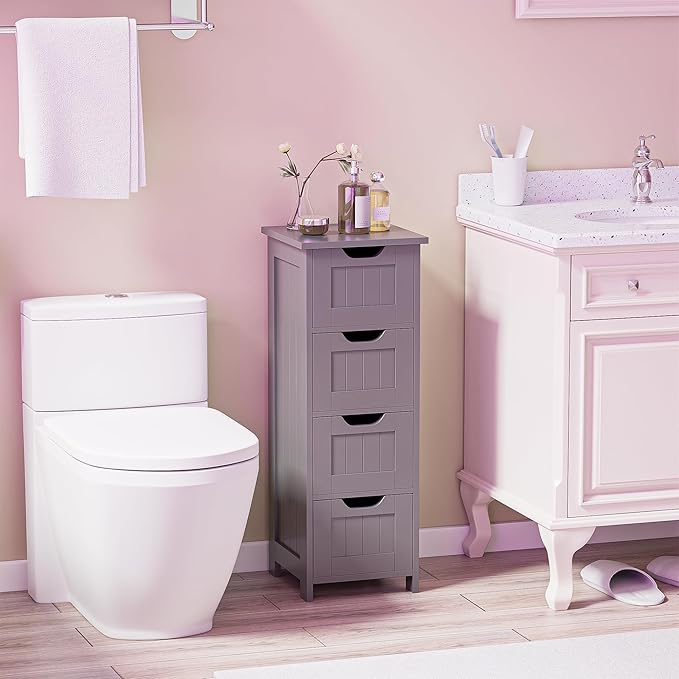 SUPER DEAL Small Bathroom Storage Cabinet with 4 Drawers, Freestanding Narrow Wooden Side Storage Organizer for Bathroom Hallway Living Room, Grey