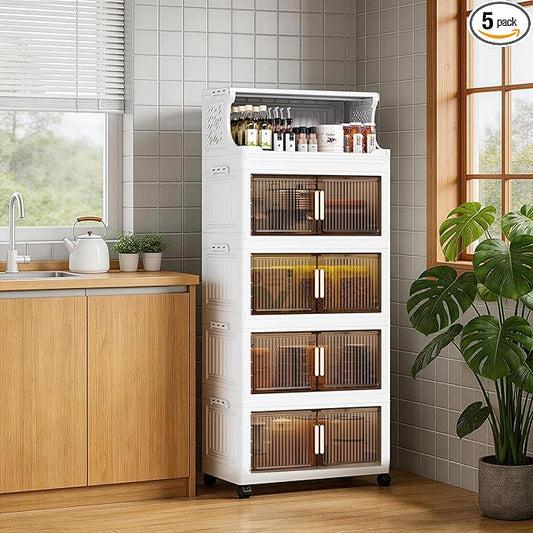 5 Tier Plastic Storage Bins with Top Open Shelf, Folding Storage Box with Doors and Wheels, Stackable Closet Organizers for Living Room, Office, Dorm