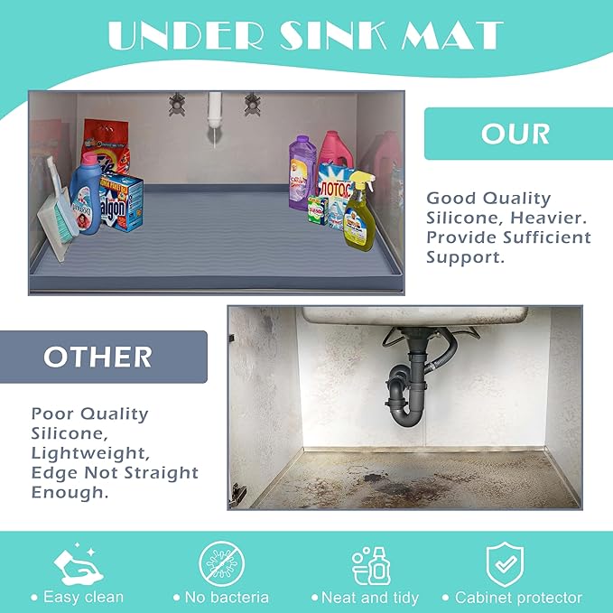 URMONA Waterproof Silicone Under Sink Mat 19'' x 12'' Shelf Liner for Kitchen and Bathroom, Cabinet and Counter Protector, Storage and Organizers, Litter Mat, Pet Cat Puppy Essentials(Brown)