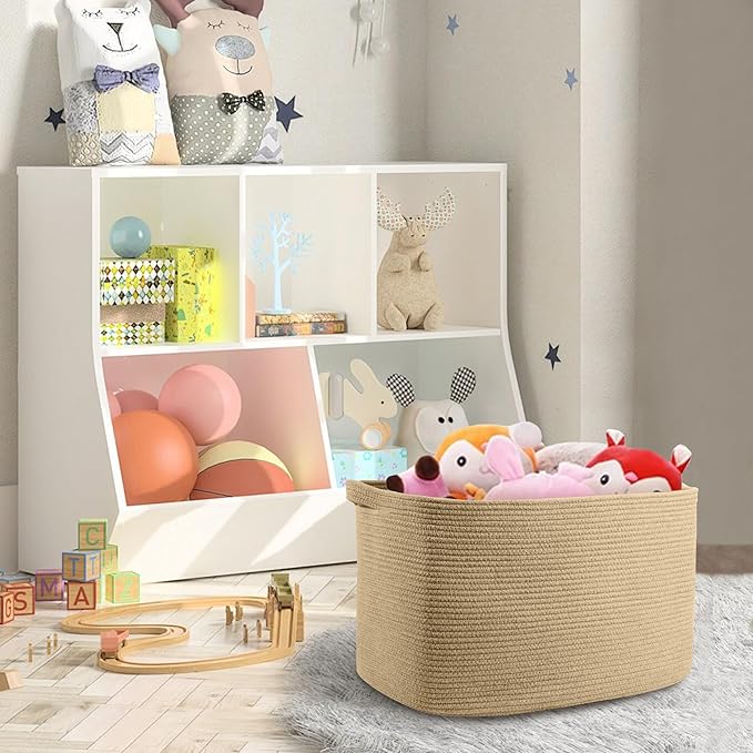MEGASKET Large Jute Rectangle Rope Basket, 23.6" x 17" x 12" Blanket Storage for Living Room, Pool Towel Basket, Woven Baby Floor Laundry Hamper for Clothes, Toy Storage Bin, Bathroom Towel Storage