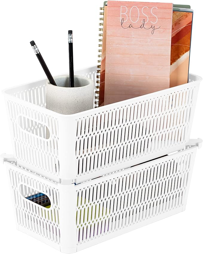 Simplify 4Pk Small Slide 2 Stack It Tote Basket | Storage & Organization | Open Bins with Stackable Capability | Bathroom | Crafts | Pantry | Playroom | Office | White