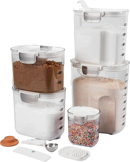 ProKeeper+ Airtight Food Storage Container Set – Clear Plastic Flour and Sugar Canister Set with Magnetic Accessories for Kitchen Organization (White, 9-Piece)