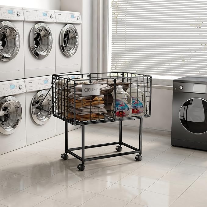 CICUFY Rolling Laundry Cart, 80L Wire Laundry Hamper Basket on Wheels, Dirty Clothes Basket with Handle, Metal Clothes Hamper Organizer for Laundry Room, Bathroom, Bedroom, Dorm, Black