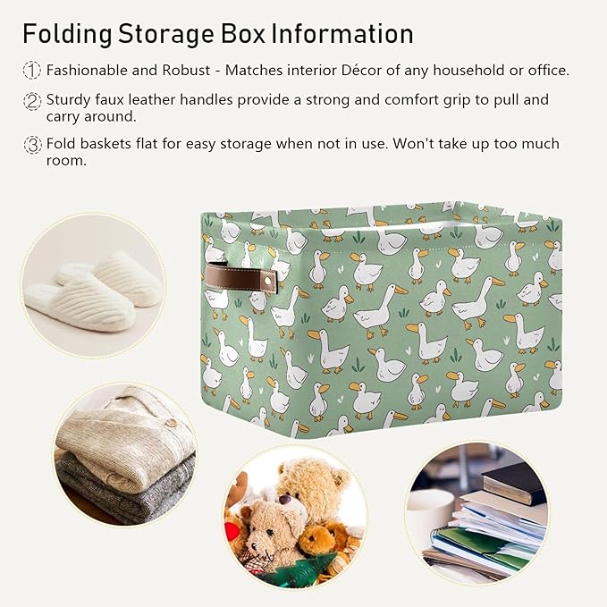 xigua Cartoon Goose Storage Basket Collapsible Storage Bins Waterproof Canvas Storage Basket with Leather Handles for Home Closets Offices,Bedrooms,Gift Baskets,1PCS