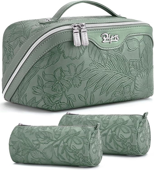 BOYATU Travel Makeup Bags Cosmetic Organizer Bag: 3-Set Large Capacity Make up Bag - PU Leather Toiletry Bags for Women - Wide Open Portable Pouch with Divider & Handle (03-Green-2)