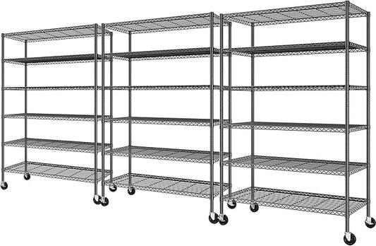Romorgniz 82" H X45 W X18 D Storage Shelves with Wheels, 6 Tier Wire Shelving Adjustable Metal Shelving Pantry Shelves Capacity 2100LBS for Garage Shelving, Pantry, Kitchen, Closet,Black,3P