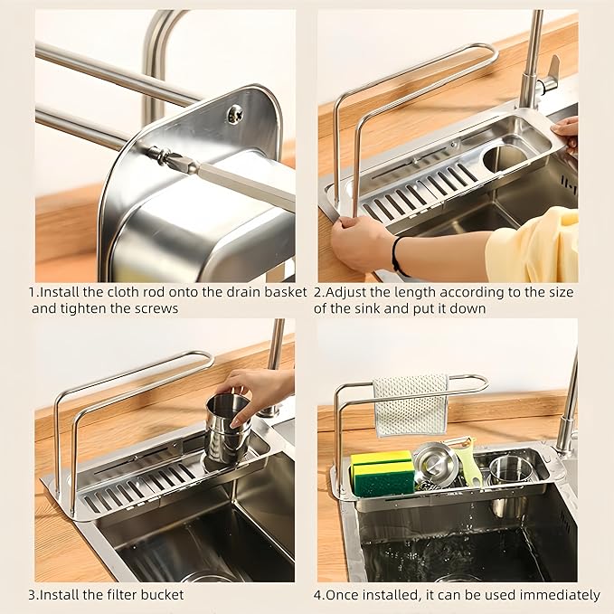 Stainless Steel Telescopic Over Sink Organizer Rack for Kitchen-Expandable Over The Sink Shelf, Adjustable Sponge Holder Organizer, Kitchen Sink Organizers Inside Sink for Sponge Rack