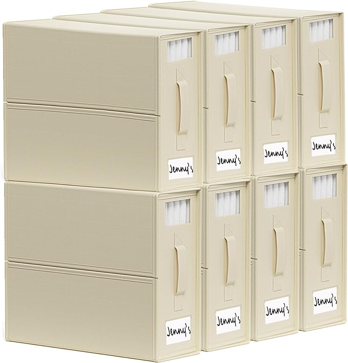 SheetCube Bed Sheet Organizers and Storage 8 Pack, Foldable Linen Closet Organizer with Window and Label, Bedding Folder Storage Box Container for Blanket, Duvet Cover Set, Bed Sheet Set - Beige