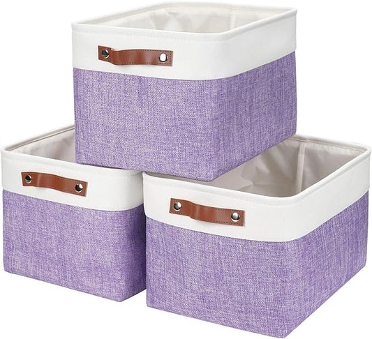 Bagnizer Storage Bins Large Fabric Storage Baskets for Shelves 3 Pack, Decorative Linen Closet Baskets with Handles for Organizing, Shelf, Clothes, Home, Office, 15x11x9.5Inches (Purple&White)