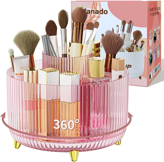 Clear Rotating Makeup Organizer Countertop for Vanity, 360° Makeup Brush Holder Organizer with 5 Compartments, Transparent Cosmetic Storage for Lipstick, Skincare, Bathroom Counter (Transparent Pink)