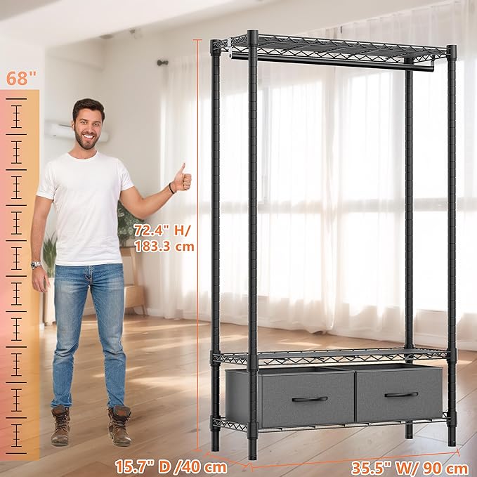 M MZG Heavy Duty Rolling Garment Rack 3 Tiers Adjustable Wire Shelving with Rod, Storage Closet Clothing Rack with Drawers Dark Grey, 15.8" D x 35.5" W x 72.4" H