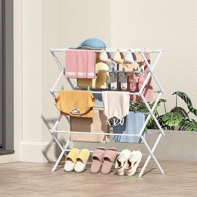 KINGBOARD Clothes Drying Rack, Collapsible Drying Rack Clothing with 11 Poles, 3-Tier Laundry Drying Rack, Small Clothes Drying Rack Foldable for Baby Clothes Sock Towel, 25lb Capacity, White