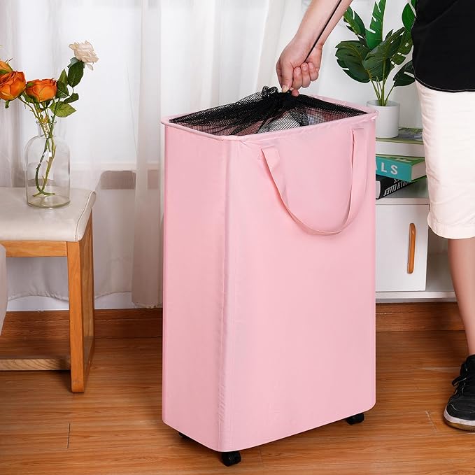 efluky Slim Laundry Hamper with Wheels, Rolling Laundry Basket for Clothes, Small Laundry Basket for Bedroom, Dorm and Laundry Room, 75L (19.8 Gallons) Grey
