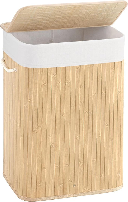 Aliphon 72L Slim Laundry Hamper with Lid, Foldable Bamboo Clothes Laundry Basket with Handles, Removable and Machine Washable Liner, for Bedroom, Bathroom, Dorm, Natural Beige