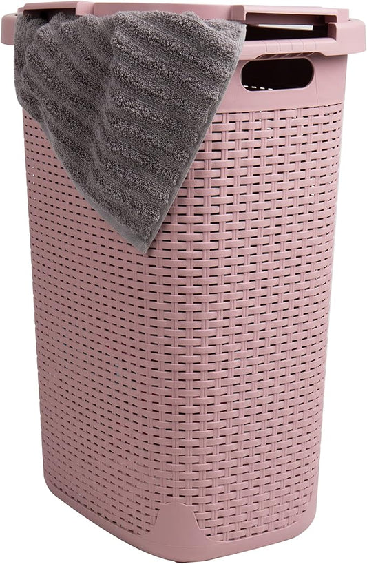 Mind Reader Slim Laundry Hamper with Lid, 60L Tall Clothes Basket, Narrow Tapered Design for Bathrooms, Closets and Laundry Rooms, Plastic, Pink