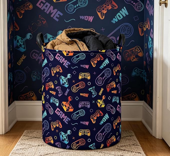 Essme Kids Laundry Basket,Game Hamper Collapsible Waterproof Storage Bin for Boys,Gift Baskets(Color Game)