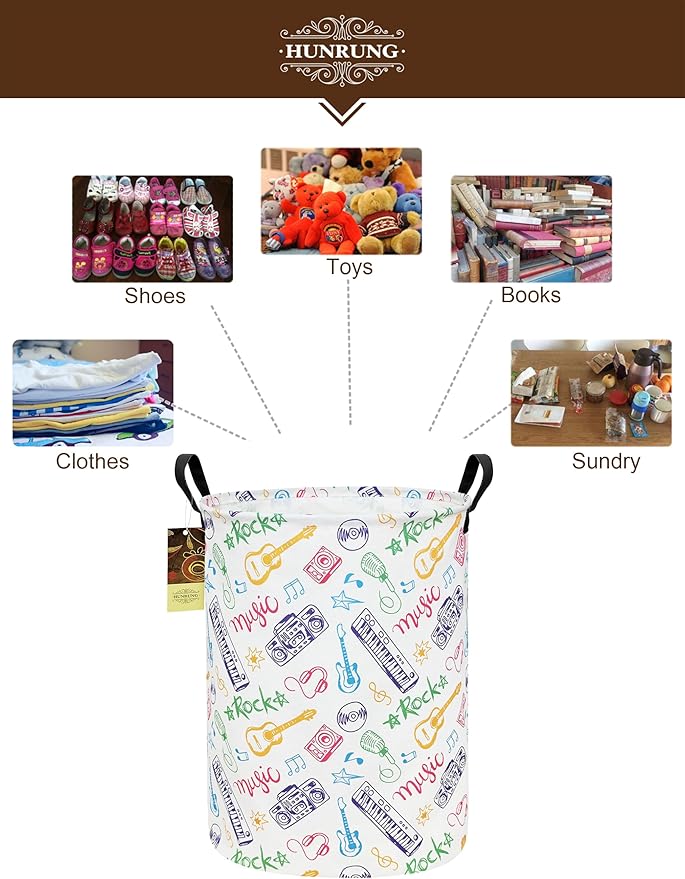 HUNRUNG Collapsible Fabric Storage Basket, Waterproof Laundry Hamper with Handles, Round Storage Bin for Clothes Toys, Foldable Organizer for Bedroom Nursery Bathroom(Round-Musical instrument)