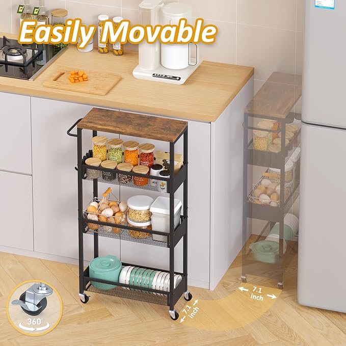 Vincona Slim Rolling Utility Cart, 4 Tier Metal Narrow Storage Cart with Handle and Wood Top, Multifunctional Small Mobile Shelf Unit Organizer Trolley for Laundry, Bathroom, Kitchen