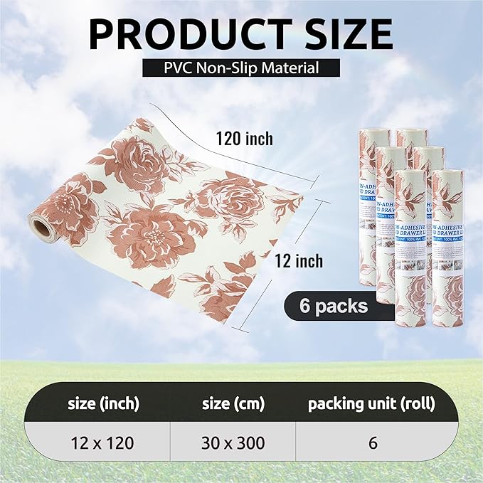 FIFTY FEET 12X120 Inch Shelf Liner for Kitchen Cabinets, PVC Drawer Liner for Dresser Non-Slip Bathroom, Non-Adhesive Cabinet Liner Washable (Red Flower)(6 Roll)