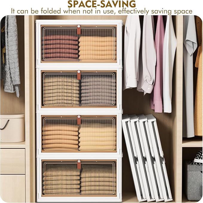 4 Tier Plastic Storage Bins with Lids 28QT, Stackable, Wheeled, Collapsible, Closet Organizers for Living Room, Office, Dorm